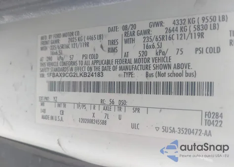 2020 Ford Transit-350 Passenger Van Xlt z USA, uszkodzony, nr VIN 1FBAX9CG2LKB24183